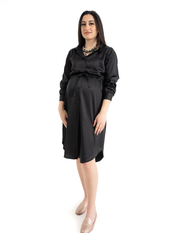 Satin Shirt Dress - Black, XXL