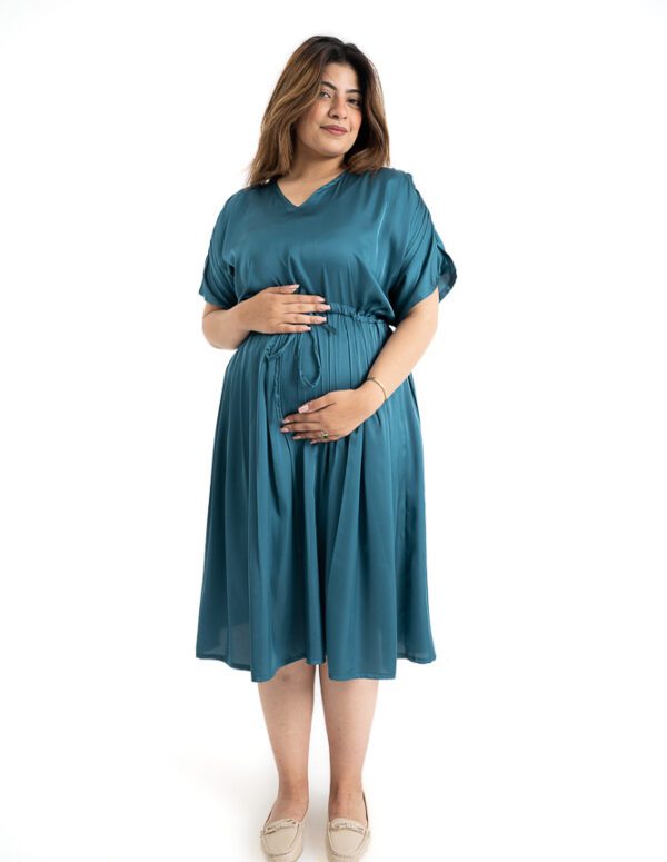 Satin Drawstring Sleeve Dress - Teal, XL
