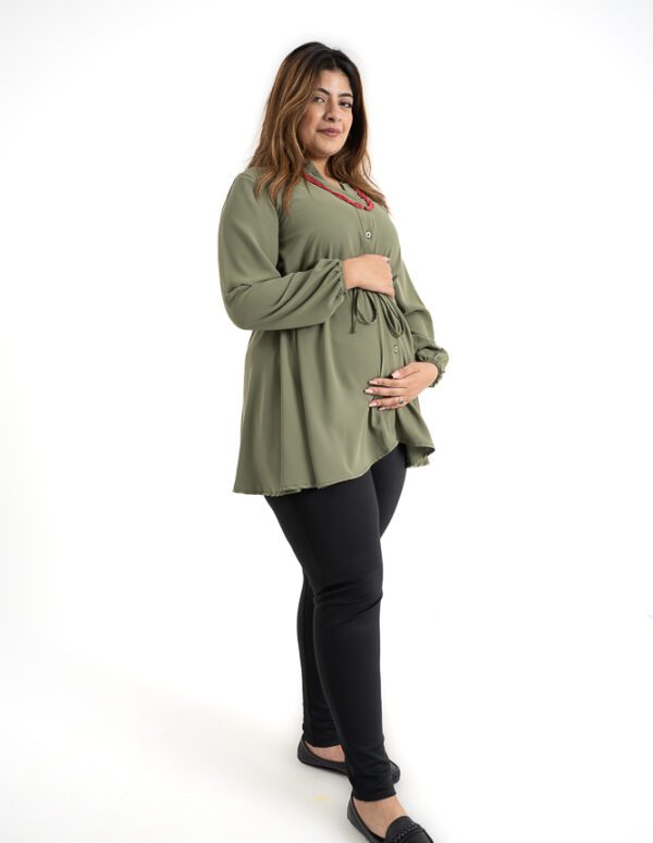 Long Sleeves Blouse with Tie-up Belt - Olive, XXL