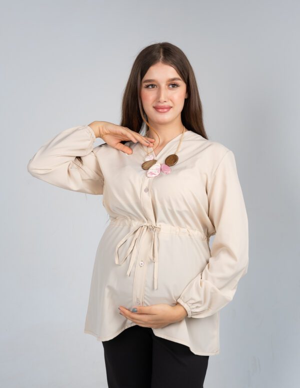 Long Sleeves Blouse with Tie-up Belt - Beige, S
