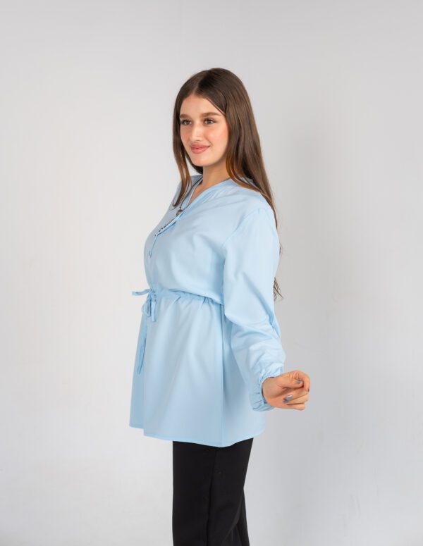 Long Sleeves Blouse with Tie-up Belt - Light Blue, XXL